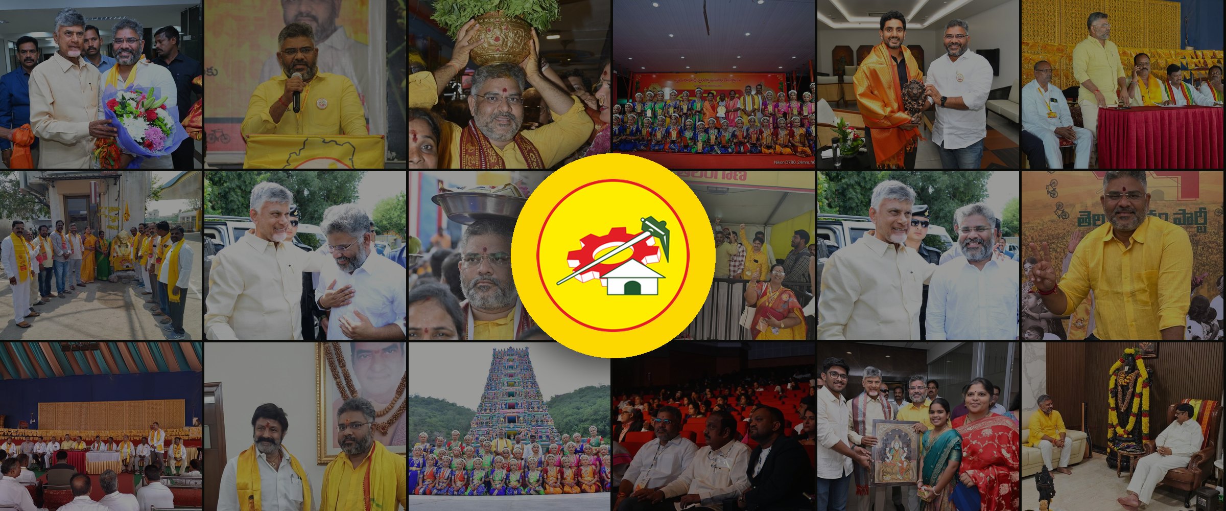 A mosaic of photographs from Talikota Hari Krishna’s political, temple and cultural work, with the Telugu Desam Party emblem at the centre